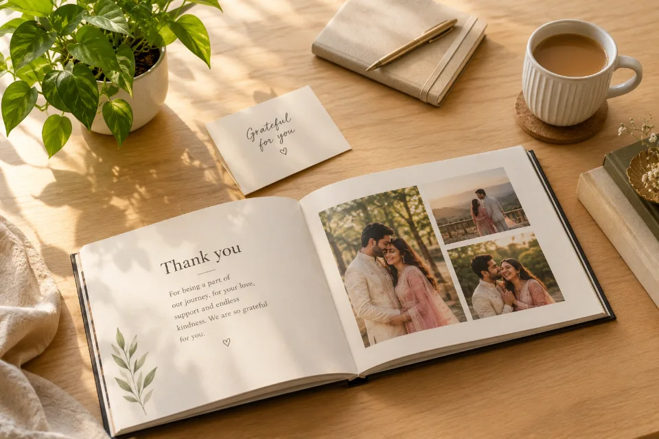 Sample AI-generated image of a graduation photo book with a handwritten thank you note beside it