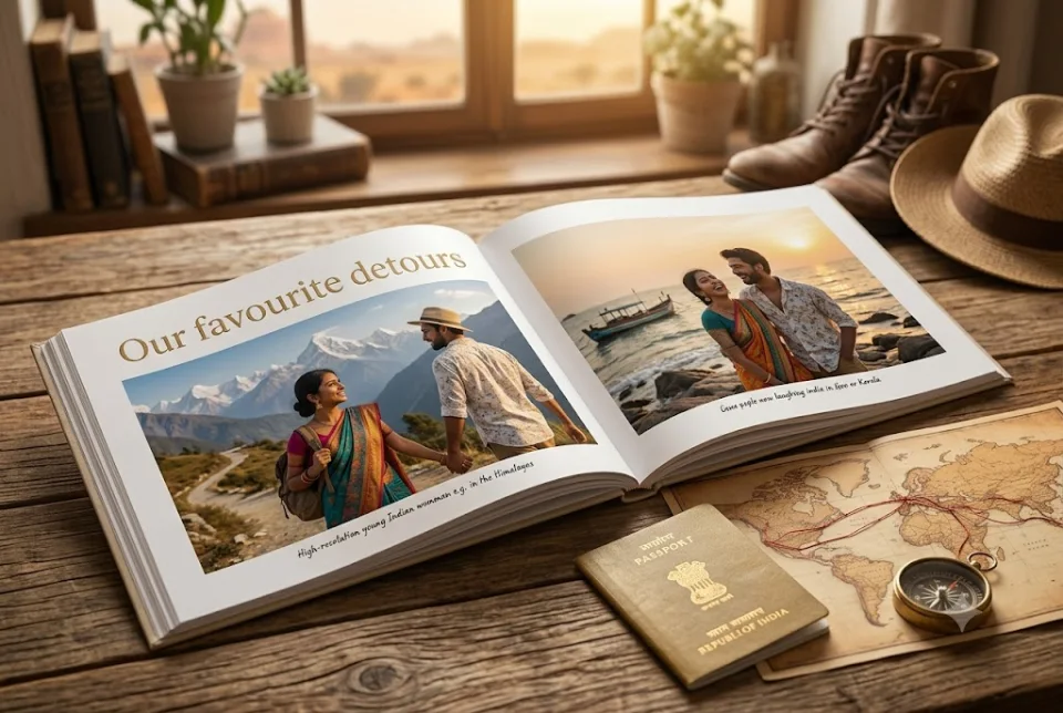 Sample AI-generated image of a printed travel photo book open beside a passport and a cup of chai