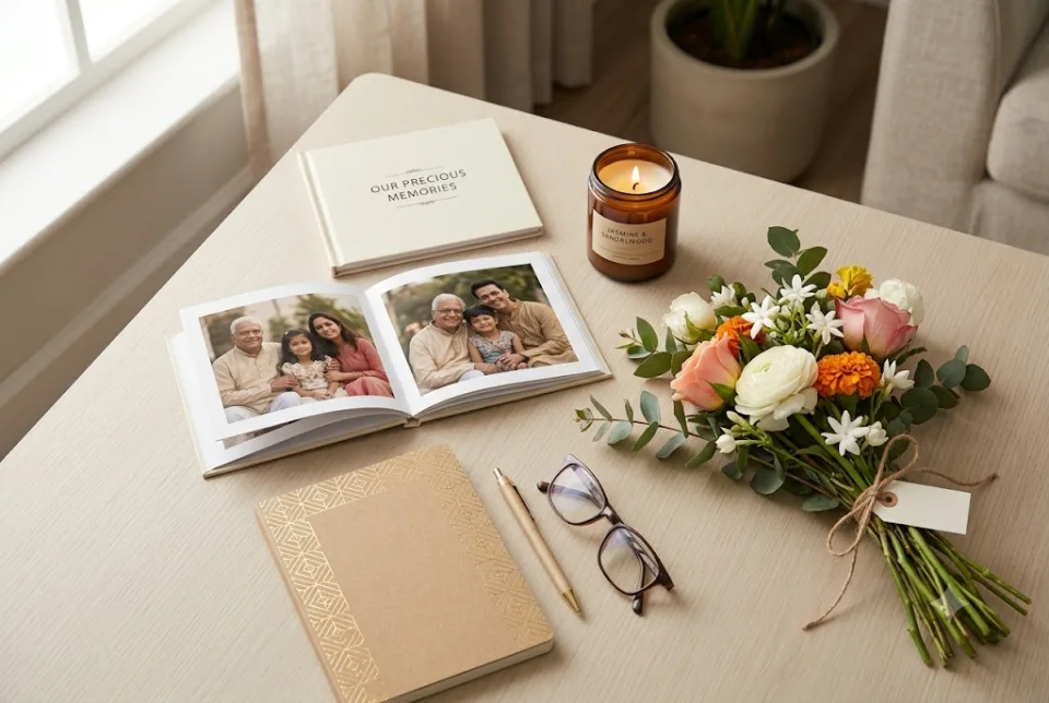 Sample illustration of a birthday gift being opened with a printed photo book