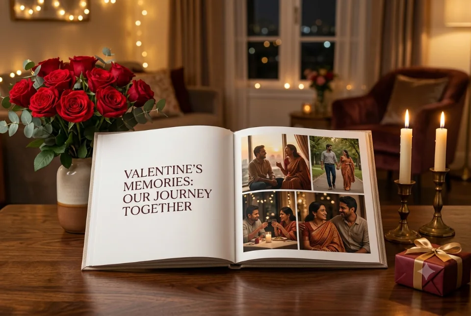 Sample image of an Indian wife handing her husband a wrapped Valentine's Day gift and a photo book