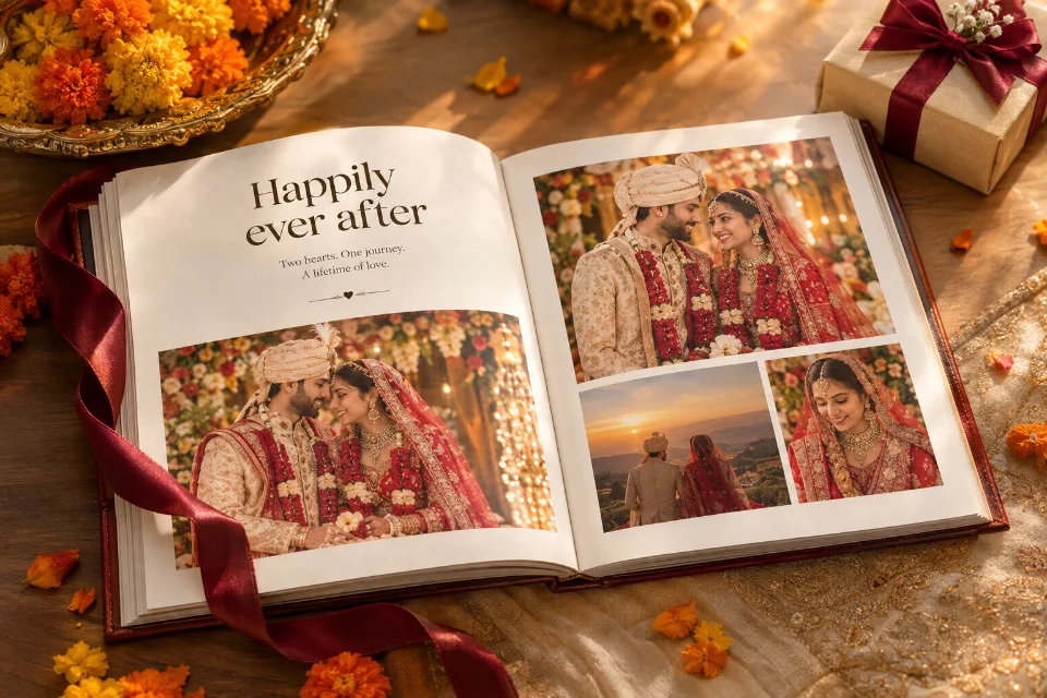 Sample image of a personalized photo book gift for a newly married couple
