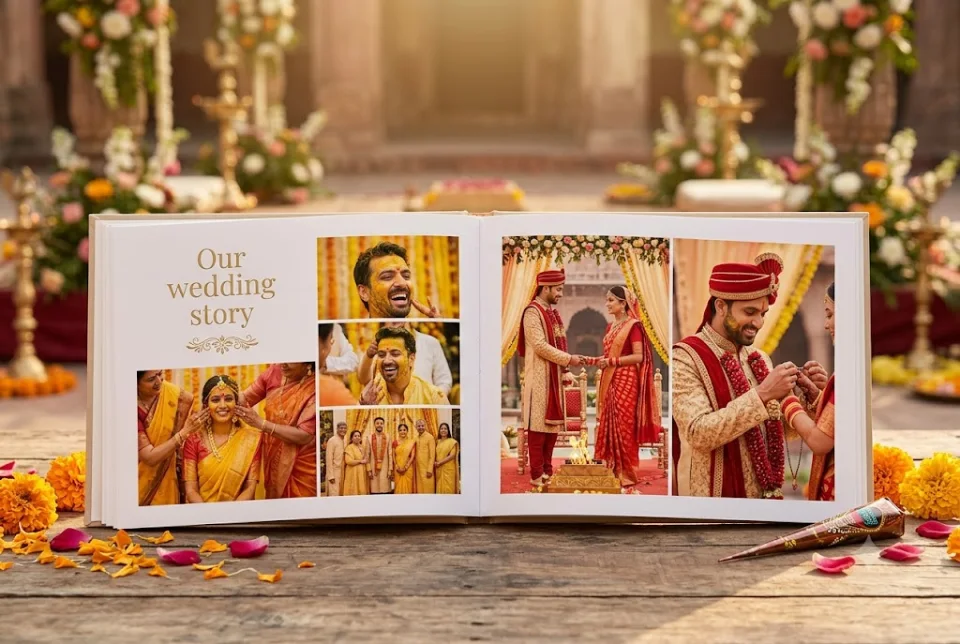 Sample AI-generated image of a printed wedding photo book with ceremony photos