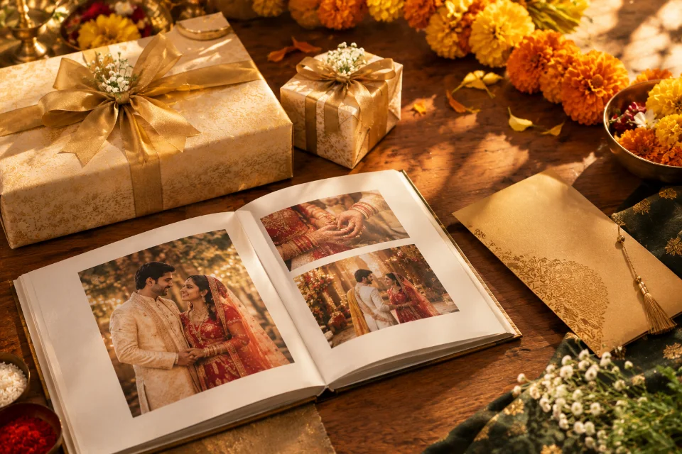 Sample illustration of a wedding gift photo book beside flowers and a shagun envelope