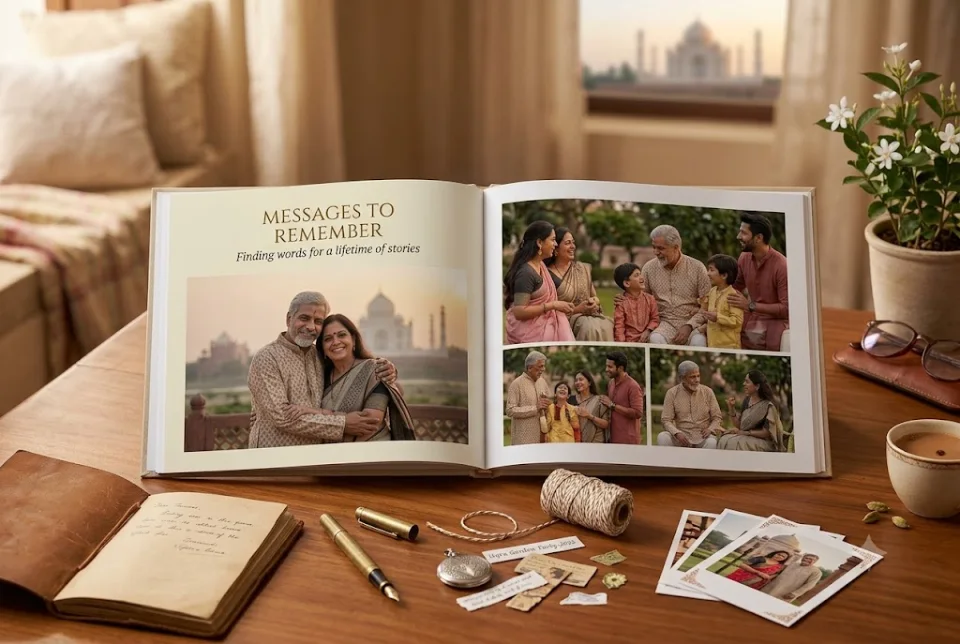 Couple memory book spread with handwritten-style messages