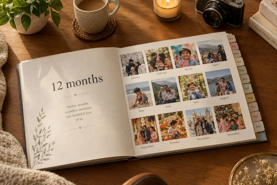 Sample printed photo book showing a year of family moments arranged month by month