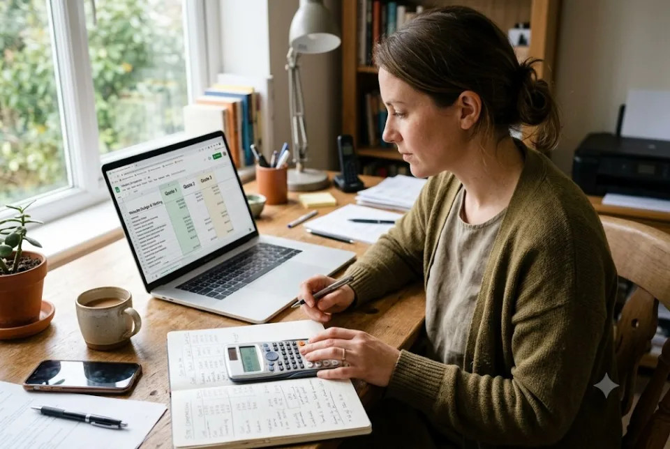 Abstract workspace with website wireframes on a laptop and a notepad of budget notes