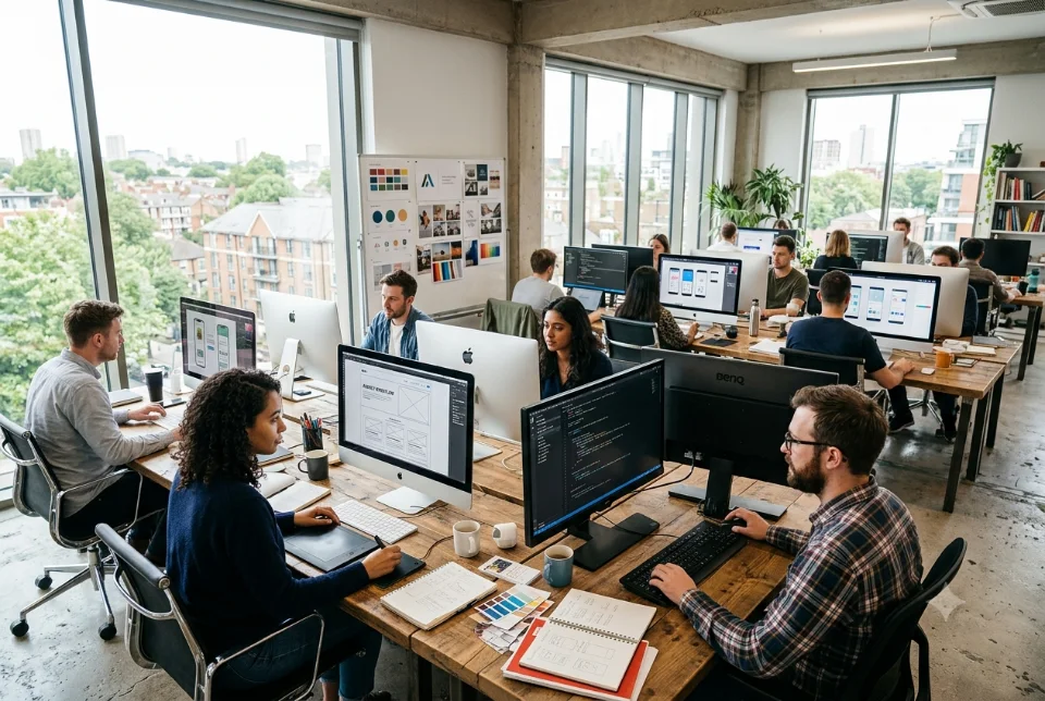 A wide modern agency workspace with several designers and developers at large monitors showing websites, app screens and brand boards, bright and organised