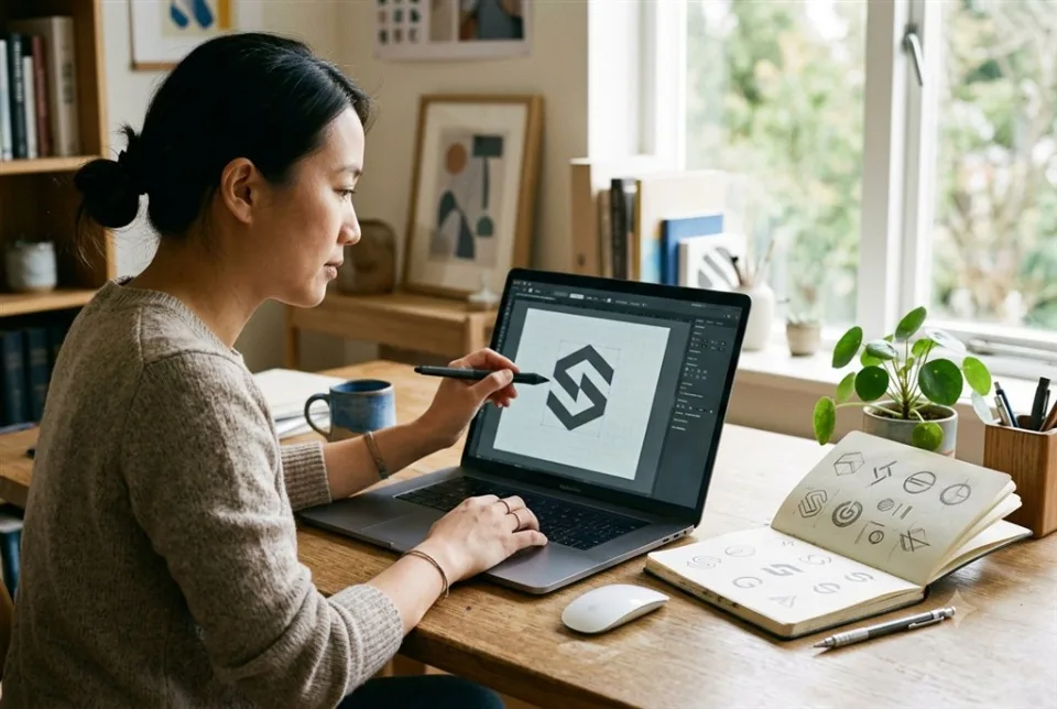 Abstract design workspace with logo sketches, colour swatches and a screen showing shapes being refined