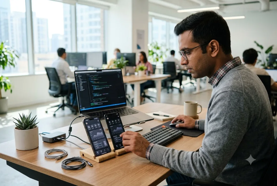 A mobile developer testing an app on two phones placed next to a laptop with code, a tidy device testing desk