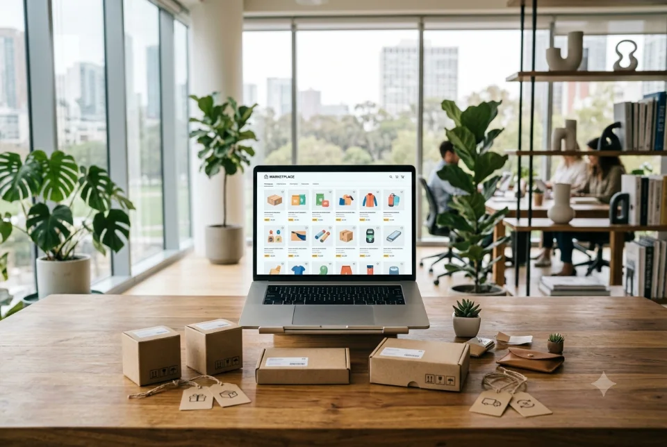 A laptop showing an online marketplace with many seller product tiles, several small product boxes in front on a bright desk