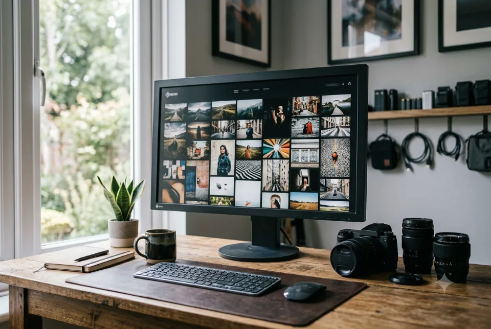 A photographer's desk with a monitor showing a photo portfolio website gallery grid, a camera and lenses beside it