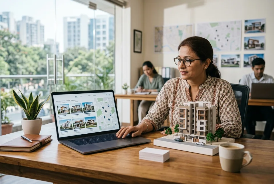 A real estate agent's desk with a laptop showing a property listing website with photos and a map, a small building model beside it