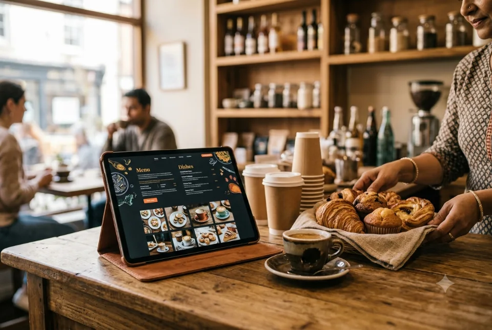 A cafe counter with a tablet showing a restaurant website menu page, coffee cups and pastries, warm light