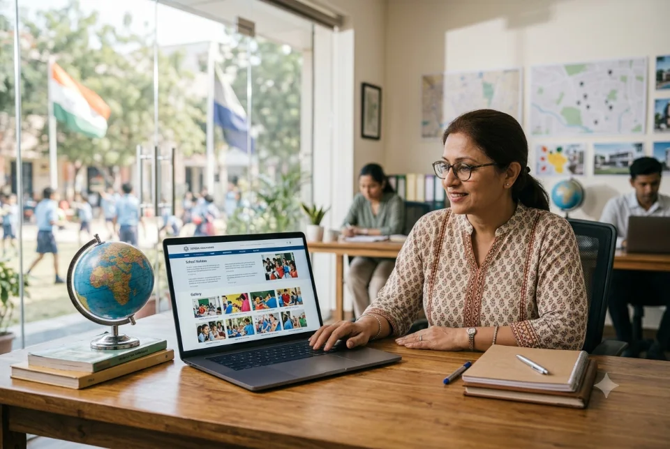 A school office desk with a laptop showing a school website homepage with notices and a photo gallery, books and a globe nearby