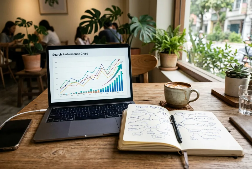 A laptop showing a search performance chart with rising lines, a notebook with a keyword mind map and a cup of coffee