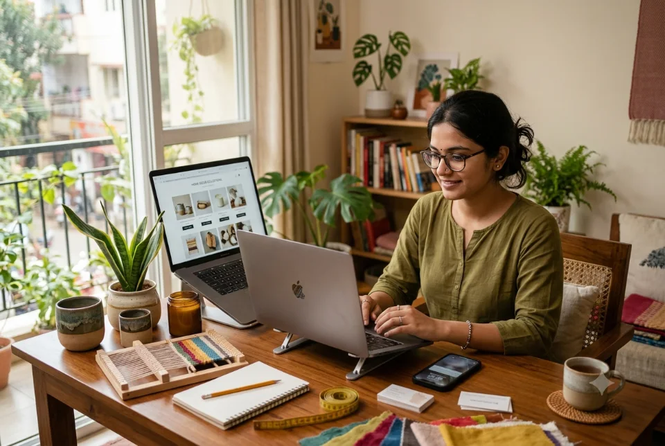 A young entrepreneur at a cosy home desk with a laptop showing a clean online storefront, product samples and a phone