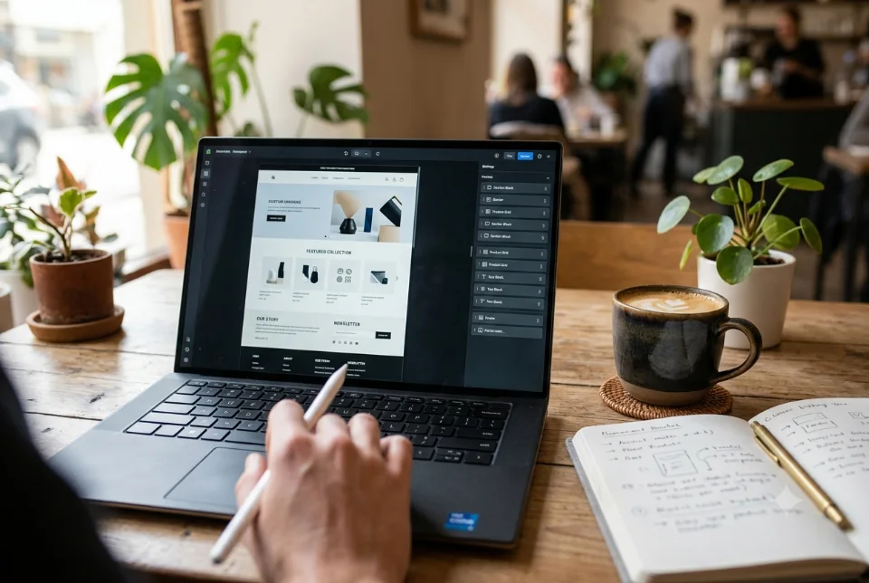 A close-up of a laptop screen showing a custom storefront theme being edited with section blocks, coffee and a notebook beside it