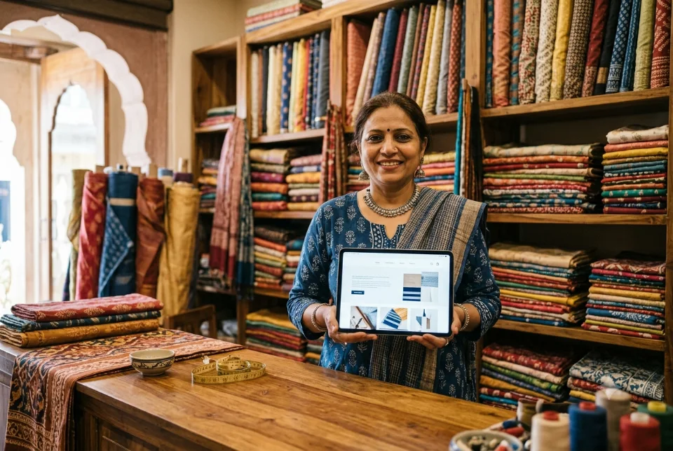 An Indian boutique shop owner at the shop counter holding a tablet that shows the shop's website, rolls of fabric in the background