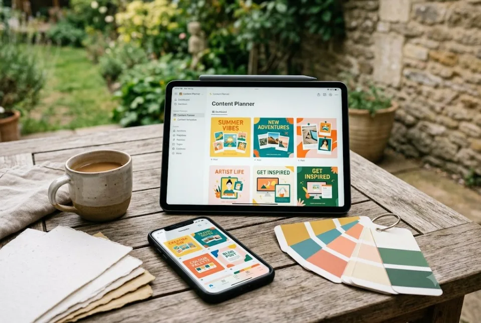 Abstract design workspace with a grid of colourful social media post layouts, carousel slides and story frames on screens