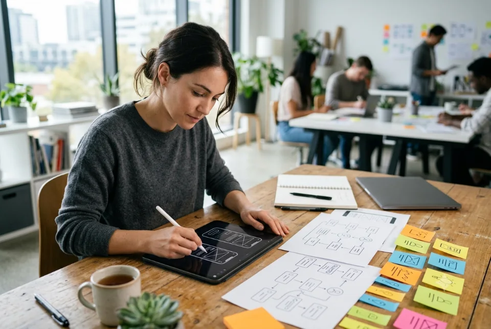 A designer sketching app wireframes on an iPad beside printed user flow diagrams and colourful sticky notes
