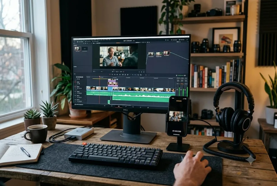 Abstract video editing workspace with a timeline, vertical phone preview and caption layers