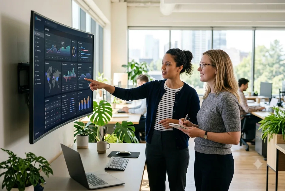 Two developers reviewing a data dashboard web app on a large monitor in a bright office, softly blurred background
