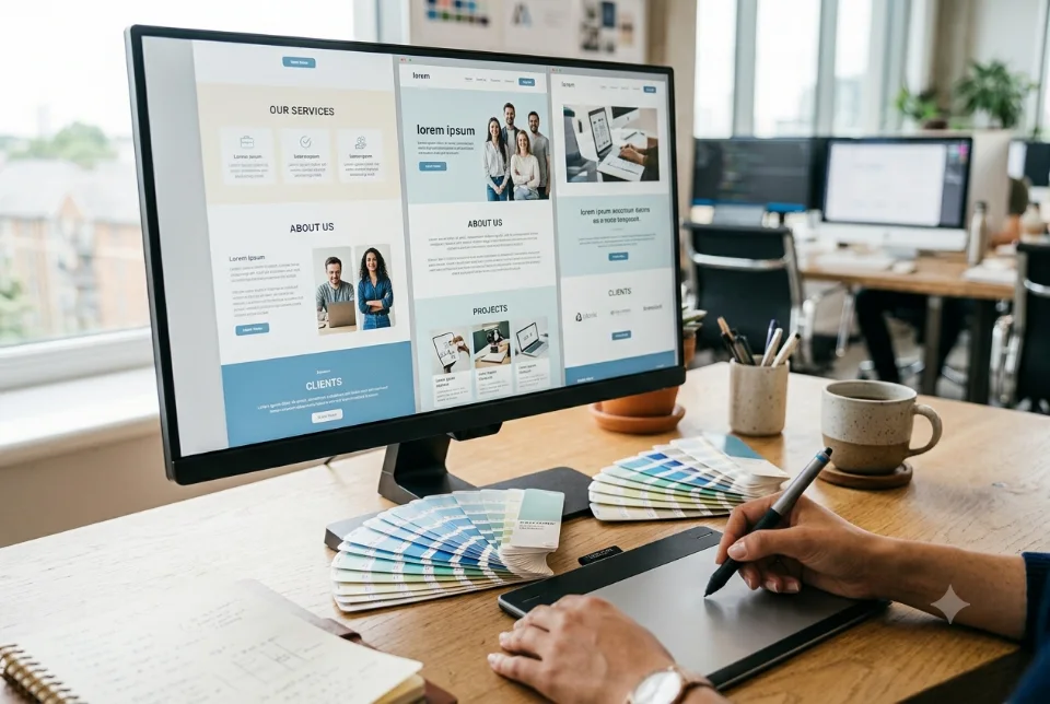 A designer working on a polished multi-section business website layout on a large monitor
