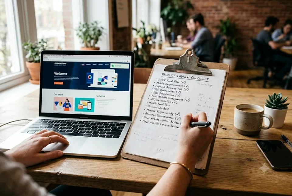 Abstract workspace with a laptop and phone showing a website with a checklist beside them