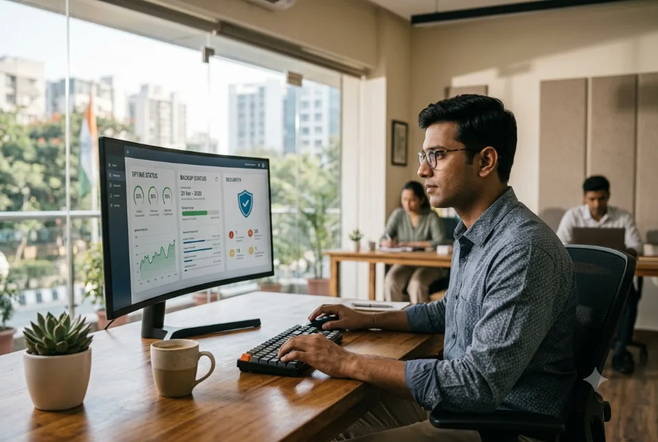 A technician at a desk checking website uptime, backup and security status panels on a monitor in a calm office