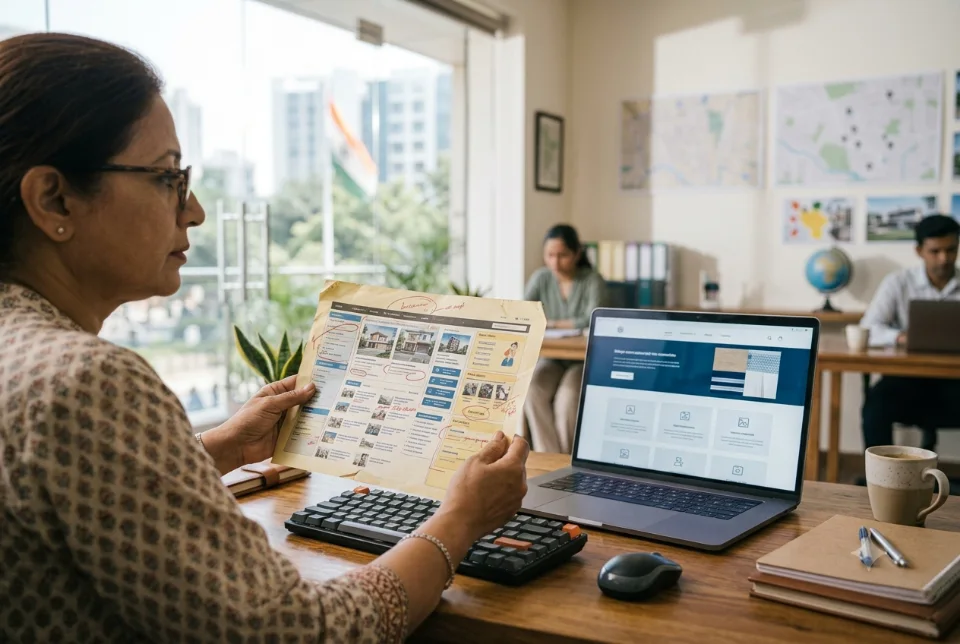 An old cluttered website printout beside a clean modern redesign on a laptop, a designer comparing the two
