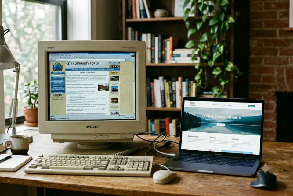 Abstract workspace showing an old website layout beside a cleaner redesigned layout