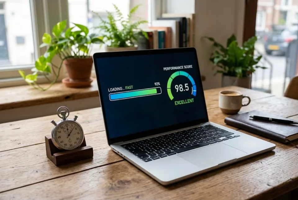 Abstract workspace with a laptop showing a loading progress bar and performance gauges