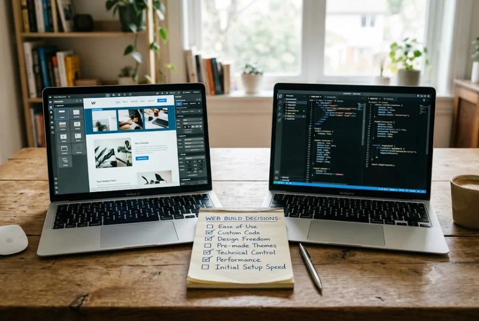 Abstract workspace showing a WordPress dashboard on one screen and code on another