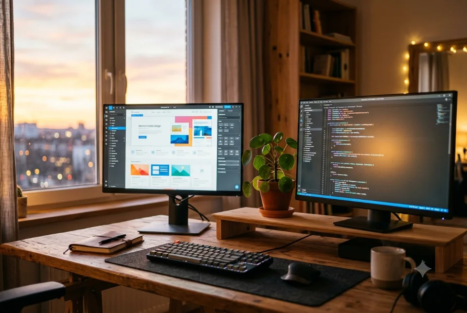 A developer's dual-monitor desk with a page-builder interface on one screen and code on the other, a plant, warm evening light
